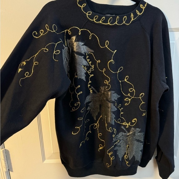 Hanes Sweaters - 90’s Embroidered HandPainted Fall Black & Gold Leaf Sweatershirt Grannycore Lg
